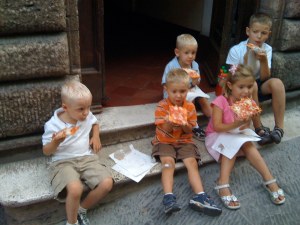 Enjoying some pizza after the flag throwing festivities
