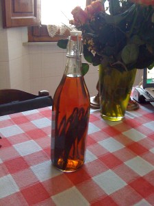 This is my homemade vanilla that I started in December... basically the recipe is vodka with vanilla beans.  I made A LOT because I cannot find vanilla here! I just used it for the first time and it's great.