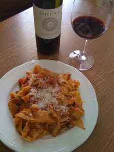Tagliatelle with Marinella's ragù di capriolo and my friend Marco's wine.  