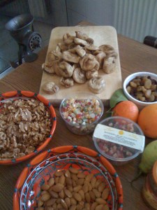 Gathering the ingredients for the filling and hooking up the mincer.